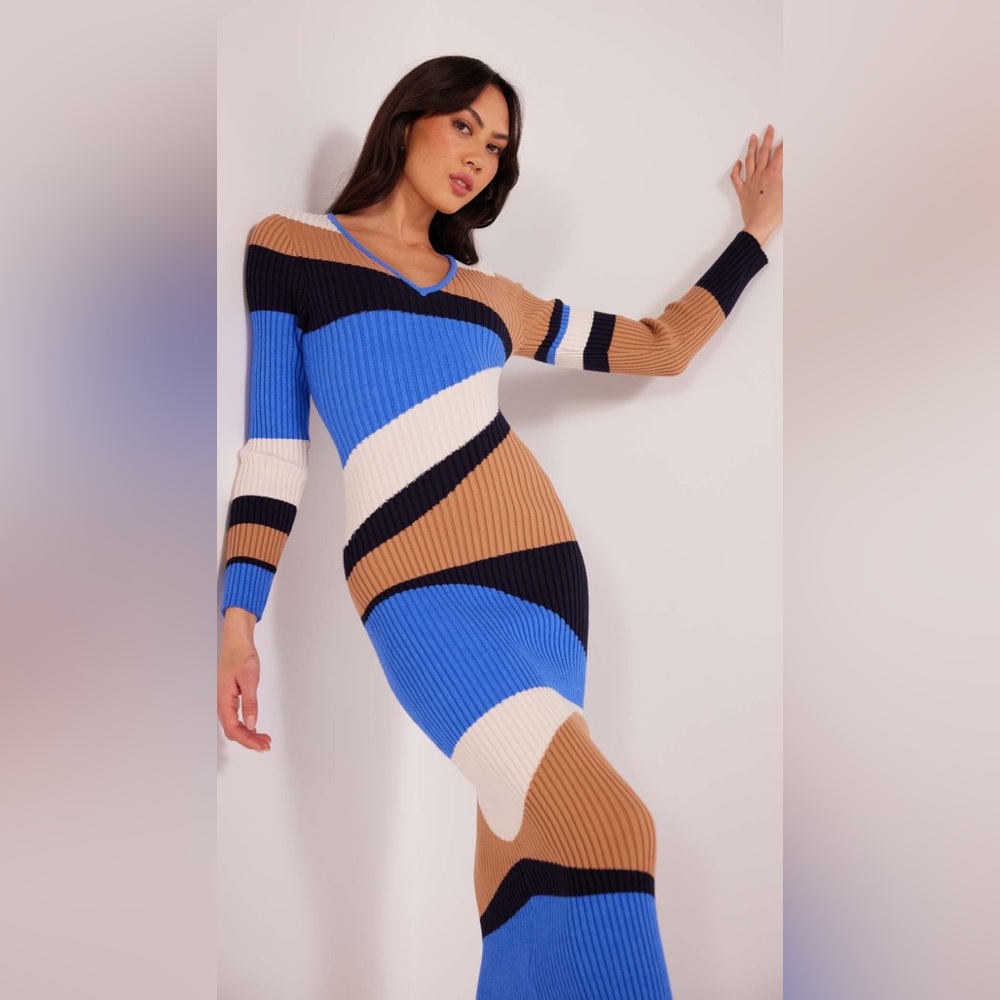 Edras Intarsia Knit Midi Dress Brown Blue Multi